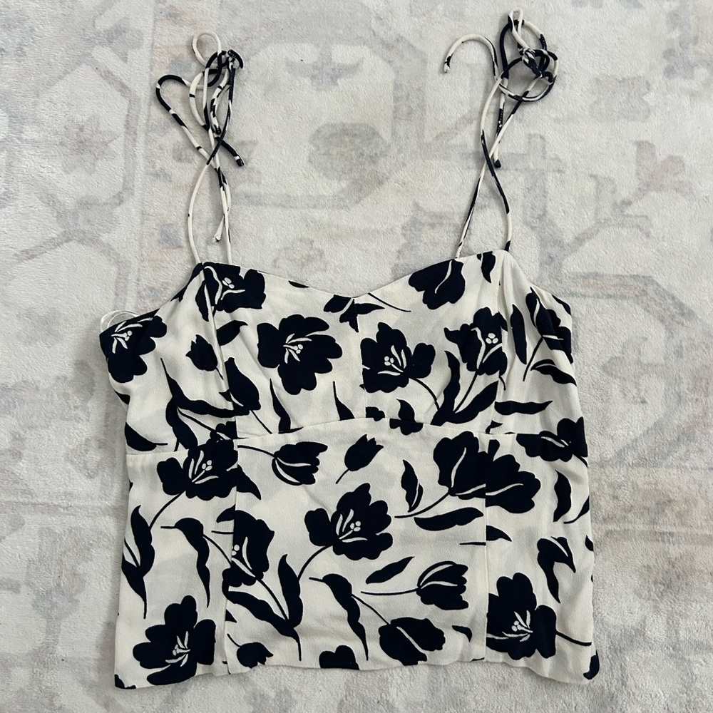 Old Navy fitted tie-strap tank top, navy blue and white floral, size M